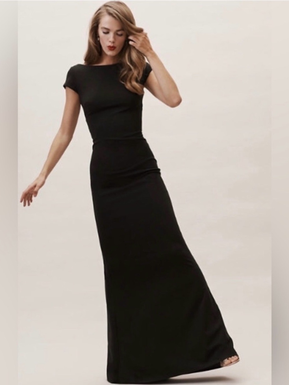 BHLDN Anthropologie Katie May Back Bow Black Cap-Sleeve Maxi Dress - Women